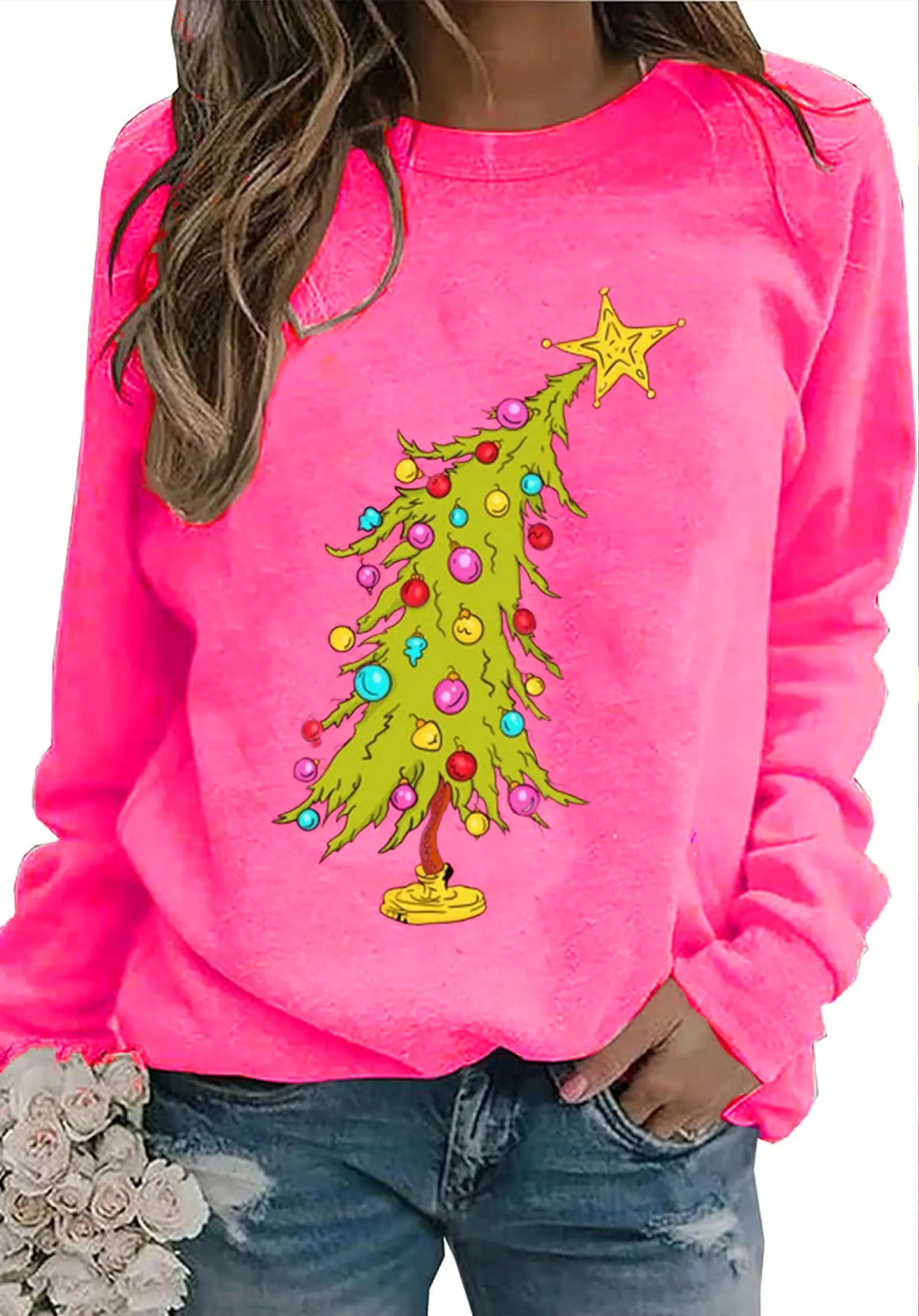 ZXUBP Christmas Tree Sweatshirt: Christmas Sweatshirts for Women Crewneck Christmas Graphic Tee Christmas Holiday Hoodie Rose Red