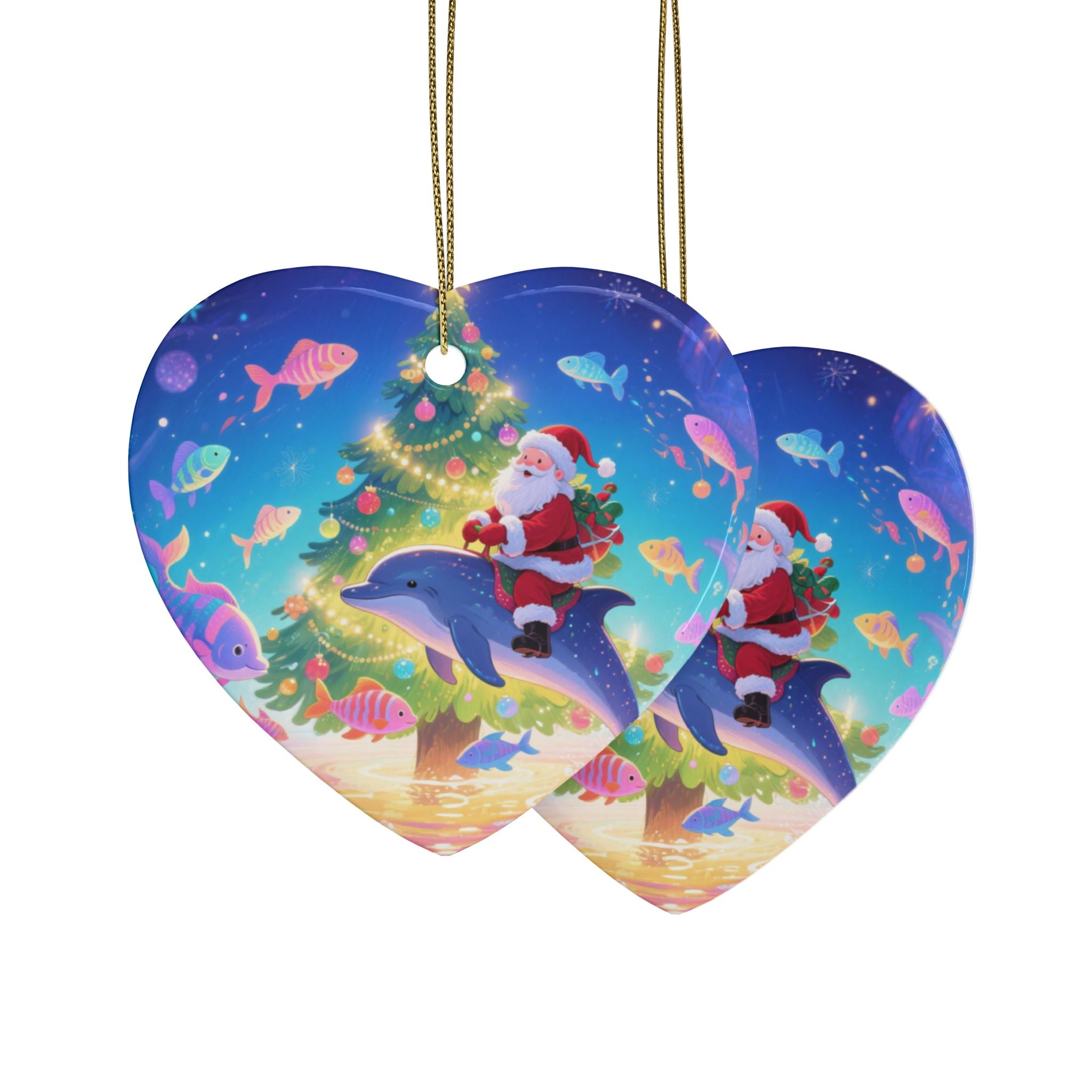 Heart-Shaped Christmas Ornaments with Santa and Dolphin Design, Holiday Tree Decor, Festive Gift, Tree Hanging Decoration, Winter Decoration