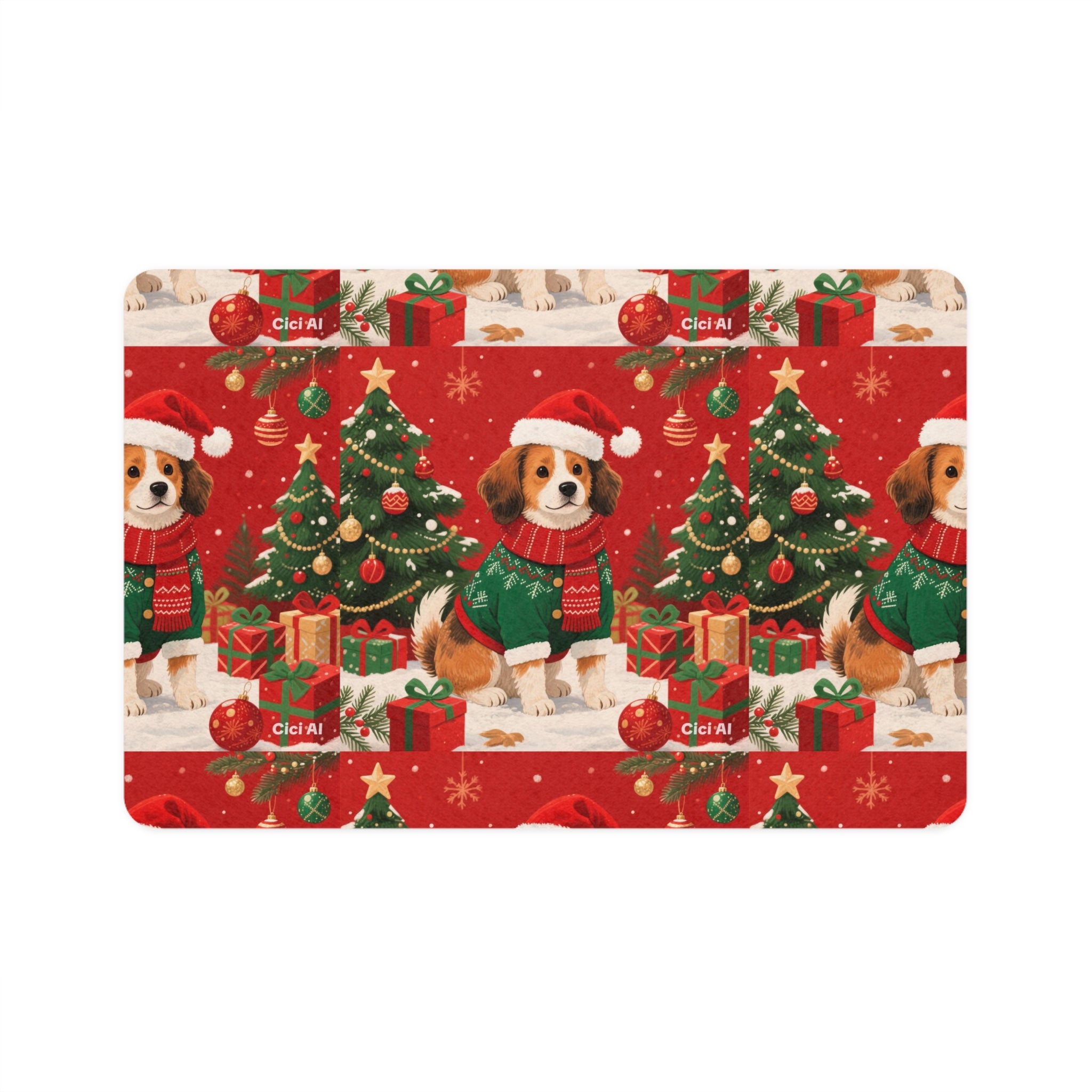 Festive Pet Food Mat (12x18) - Happy Holidays, Dog Bowl Mat, Cat Feeding Station, Christmas Decor, Pet Gift Idea