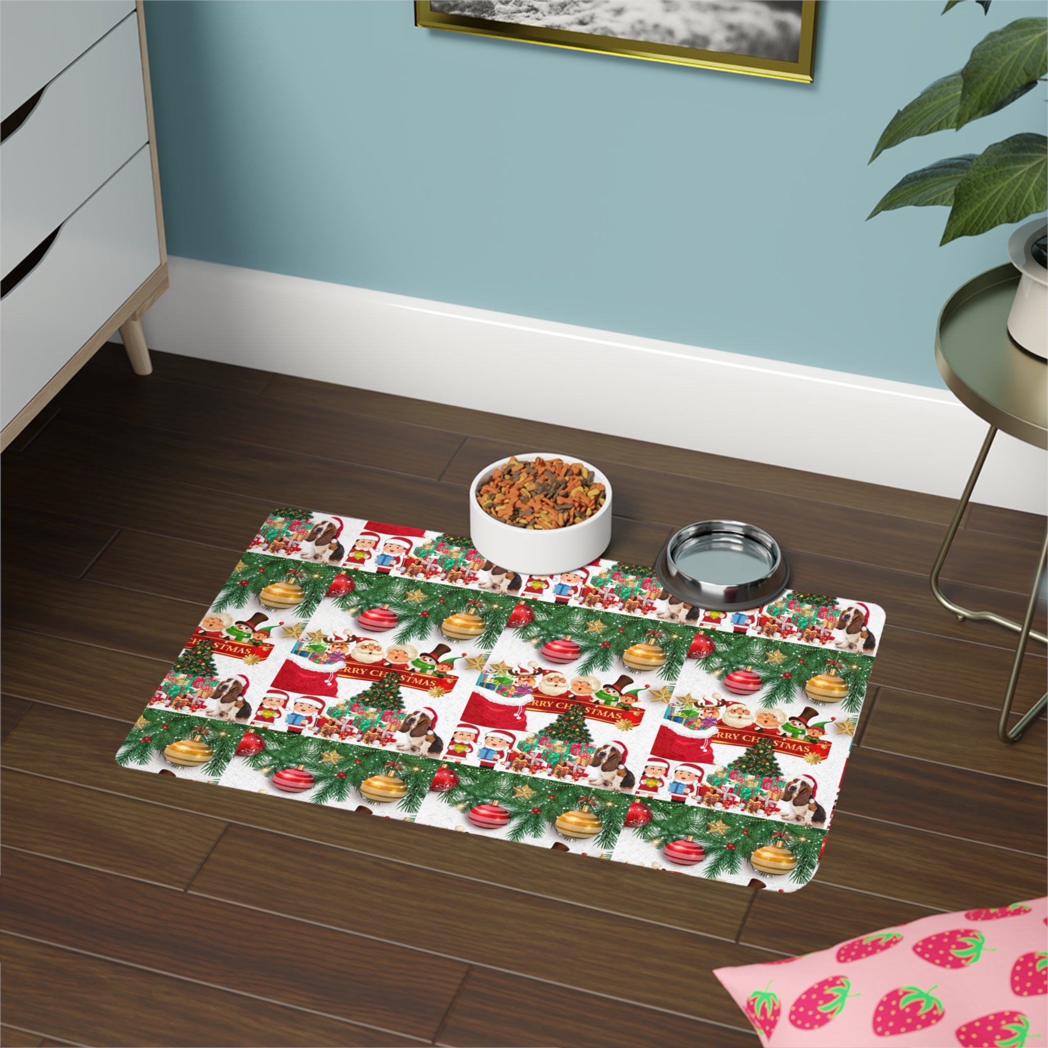 Festive Pet Food Mat (12x18) - Happy Holidays, Dog Bowl Mat, Cat Feeding Station, Christmas Decor, Pet Gift Idea