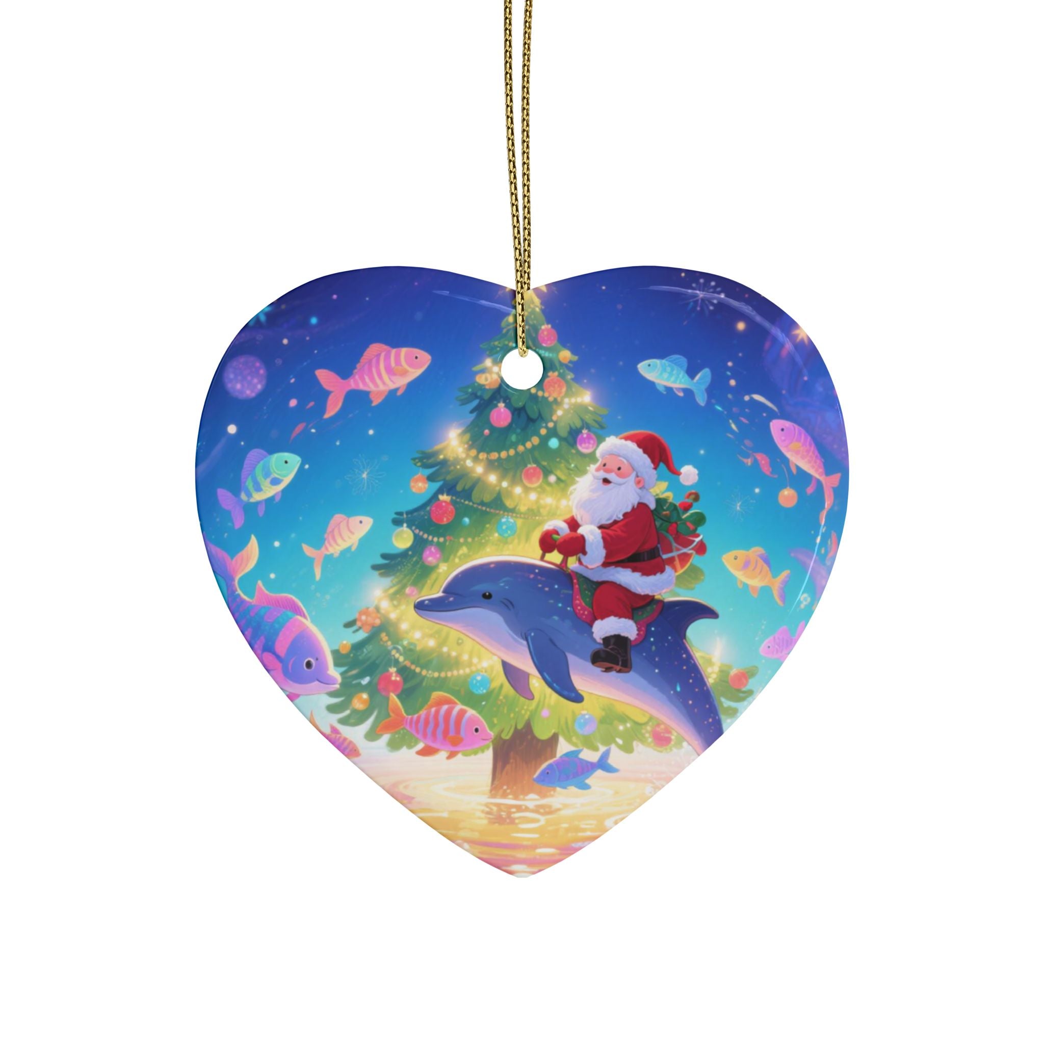 Heart-Shaped Christmas Ornaments with Santa and Dolphin Design, Holiday Tree Decor, Festive Gift, Tree Hanging Decoration, Winter Decoration