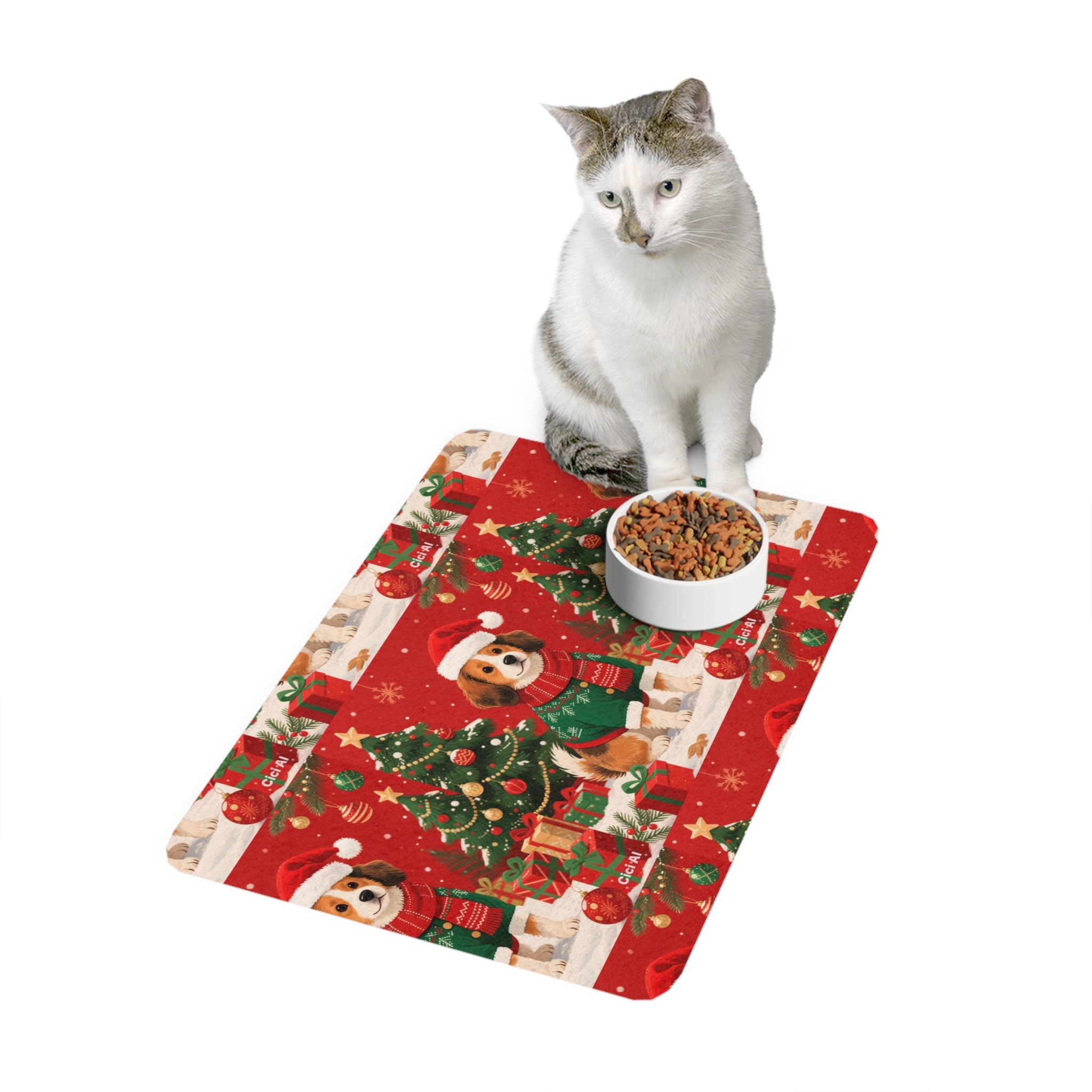 Festive Pet Food Mat (12x18) - Happy Holidays, Dog Bowl Mat, Cat Feeding Station, Christmas Decor, Pet Gift Idea