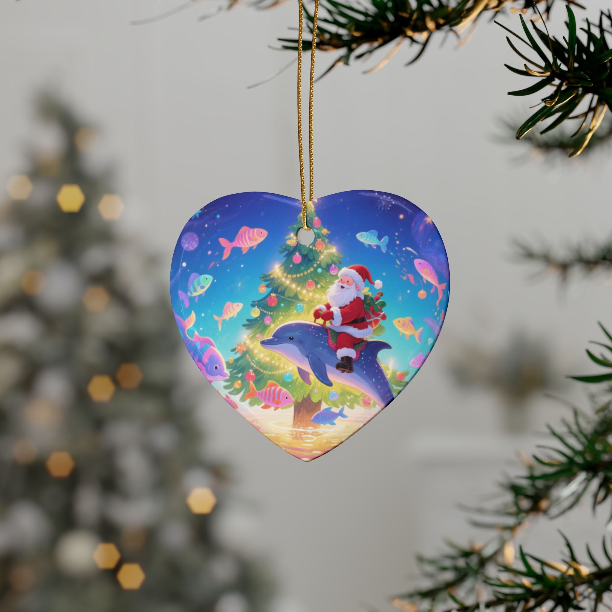 Heart-Shaped Christmas Ornaments with Santa and Dolphin Design, Holiday Tree Decor, Festive Gift, Tree Hanging Decoration, Winter Decoration
