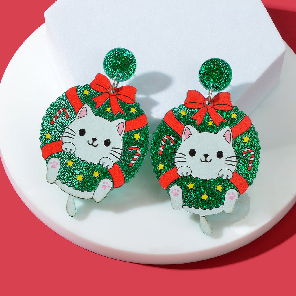 Christmas Green Acrylic Garland Lovely Cat Dangle Earrings Girl