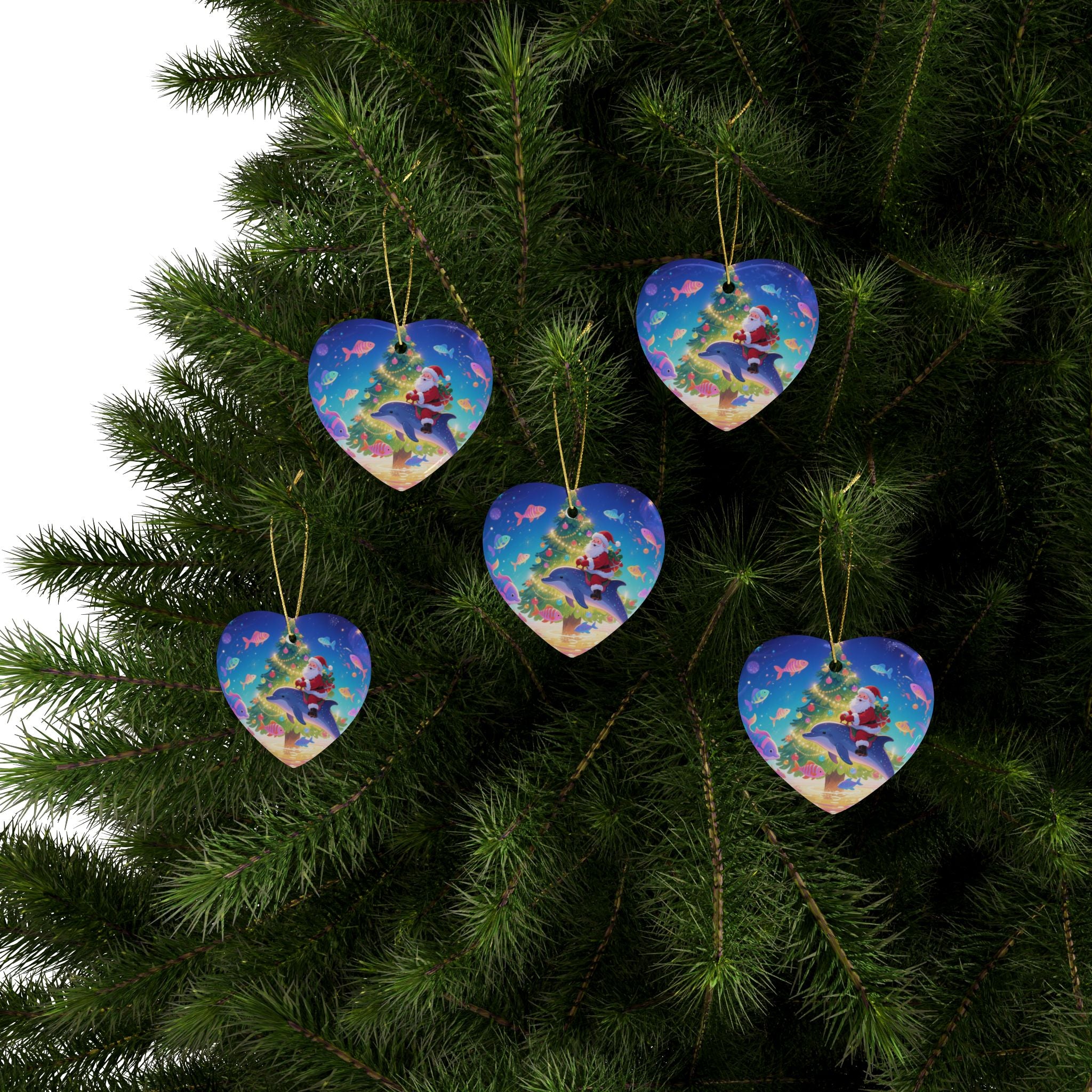 Heart-Shaped Christmas Ornaments with Santa and Dolphin Design, Holiday Tree Decor, Festive Gift, Tree Hanging Decoration, Winter Decoration
