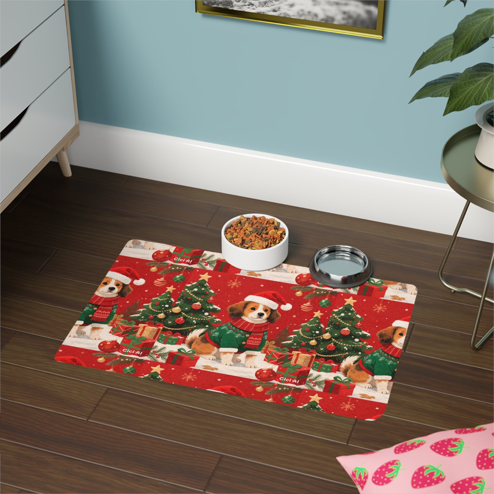 Festive Pet Food Mat (12x18) - Happy Holidays, Dog Bowl Mat, Cat Feeding Station, Christmas Decor, Pet Gift Idea