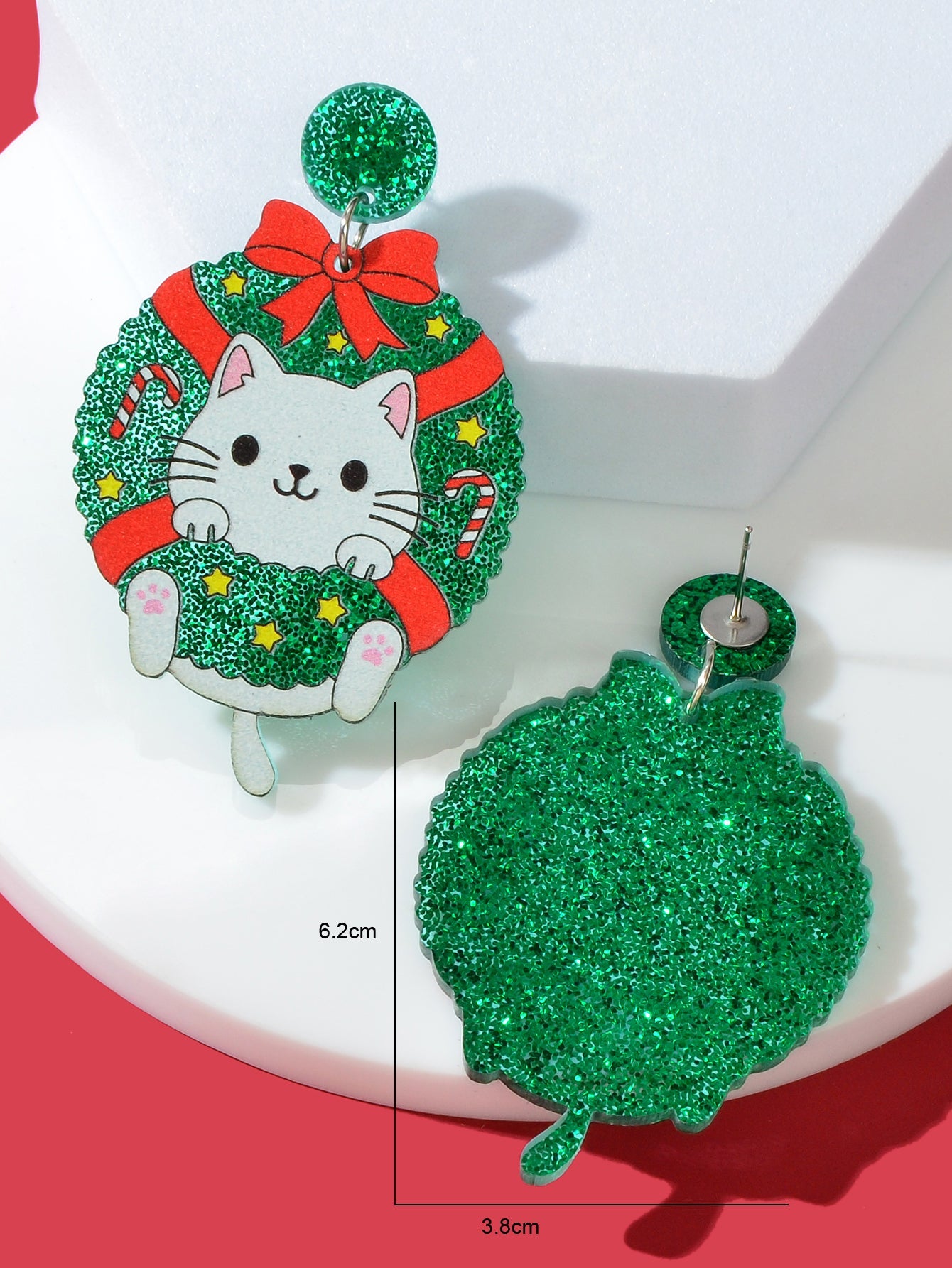 Christmas Green Acrylic Garland Lovely Cat Dangle Earrings Girl