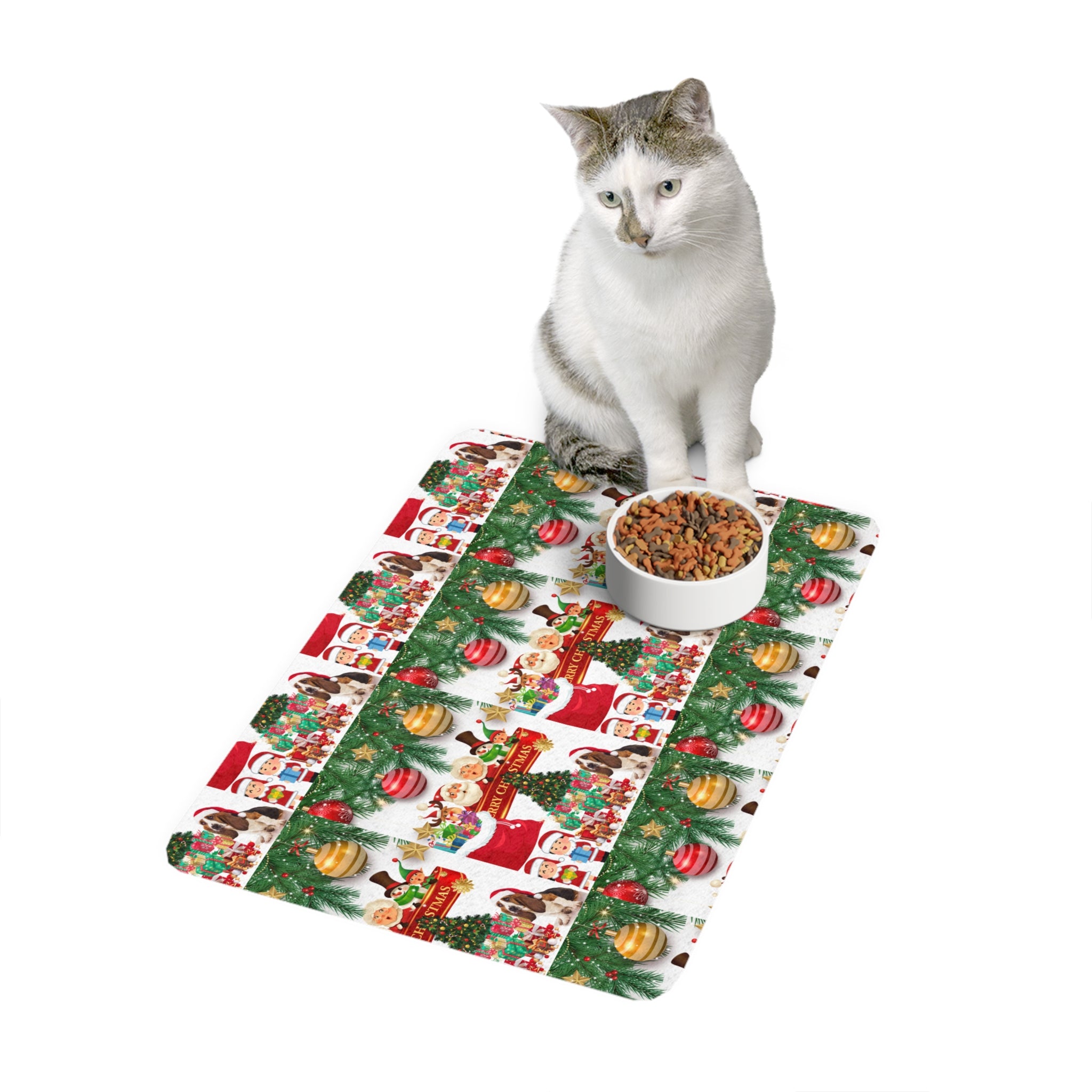 Festive Pet Food Mat (12x18) - Happy Holidays, Dog Bowl Mat, Cat Feeding Station, Christmas Decor, Pet Gift Idea