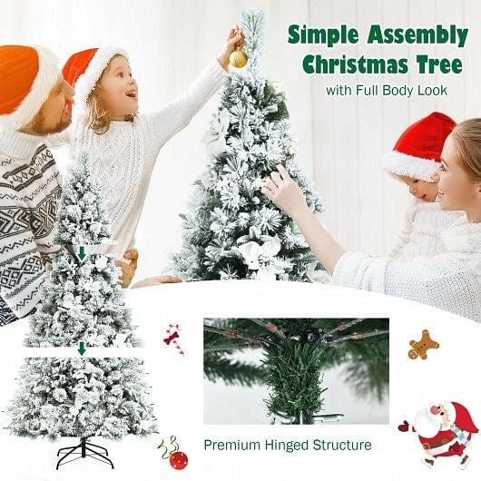 7 Feet Snow Flocked Christmas Tree with Poinsettia Flowers